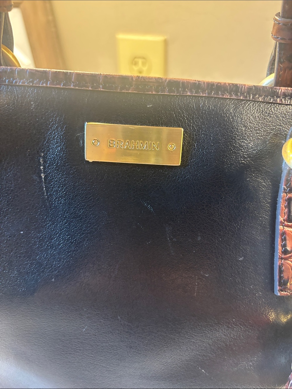 Brahmin Black Leather Shoulder Tote with Gold Plaque